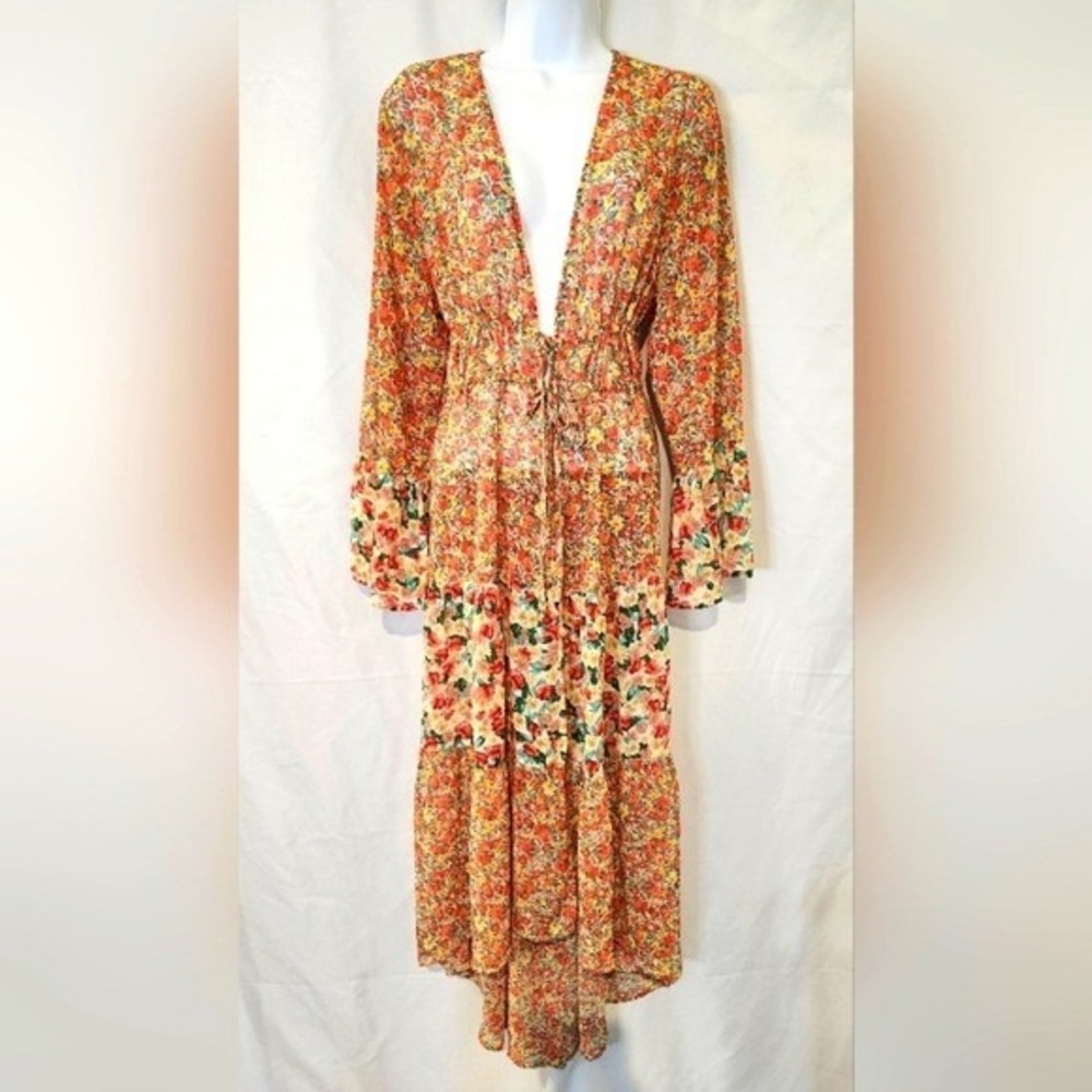 GiGiO Womens Floral Duster Kimono Swim Cover Up OS Orange Boho Hippie Festival